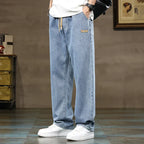 Men's Wide Leg Drawstring Jeans With Elastic Waist Straight Hem