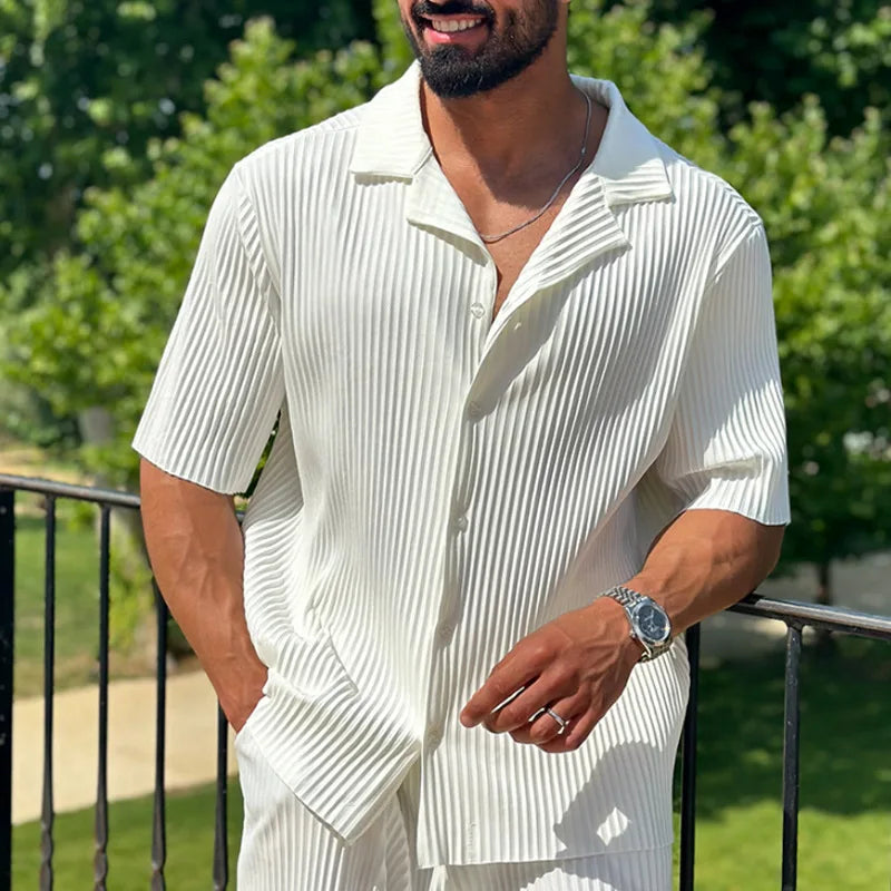 Men's Pleated Camp Collar Short Sleeve Shirt With Straight Leg Trousers Set