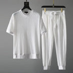 Mens Ribbed Two Piece Set Relaxed Fit Short Sleeve Top And Joggers
