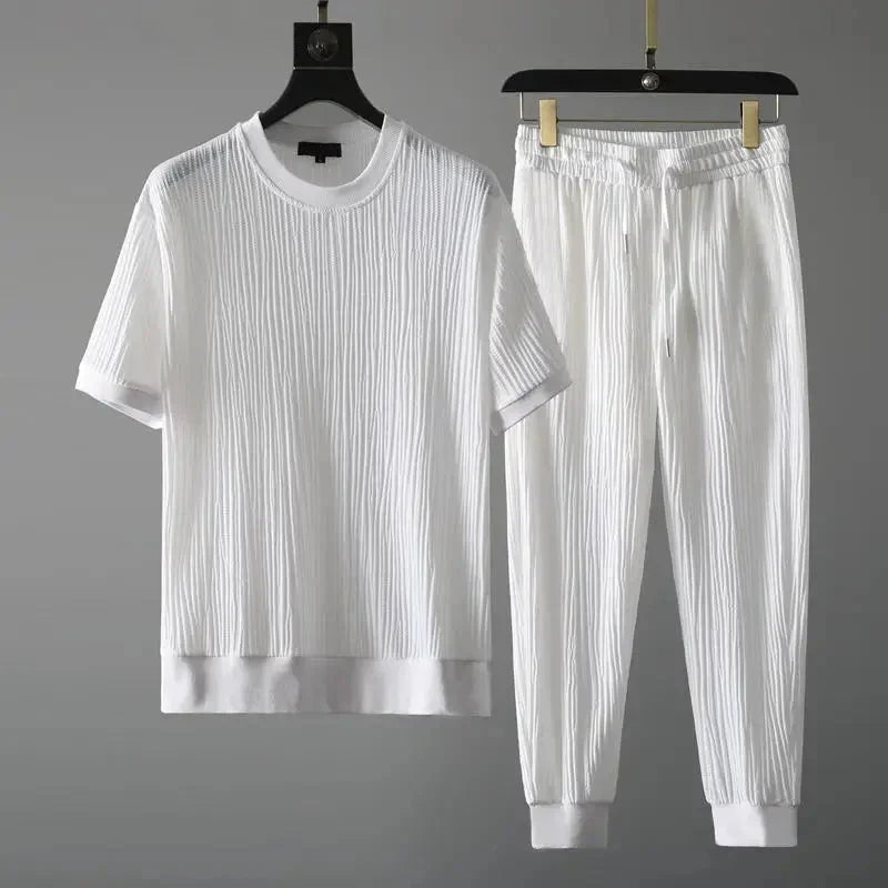 Mens Ribbed Two Piece Set Relaxed Fit Short Sleeve Top And Joggers