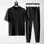 Mens Ribbed Two Piece Set Relaxed Fit Short Sleeve Top And Joggers