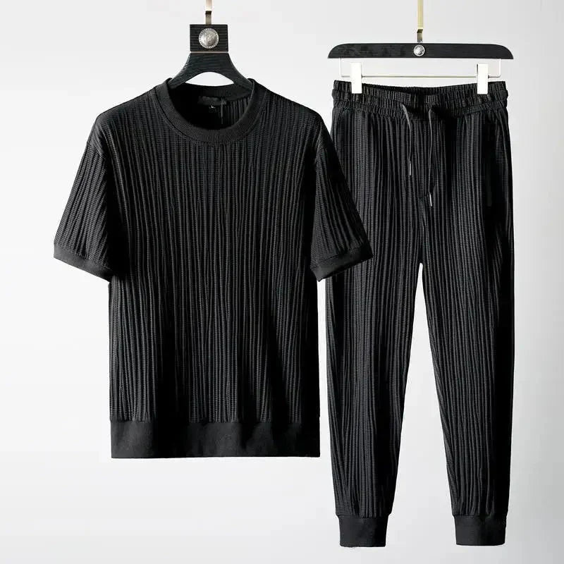 Mens Ribbed Two Piece Set Relaxed Fit Short Sleeve Top And Joggers