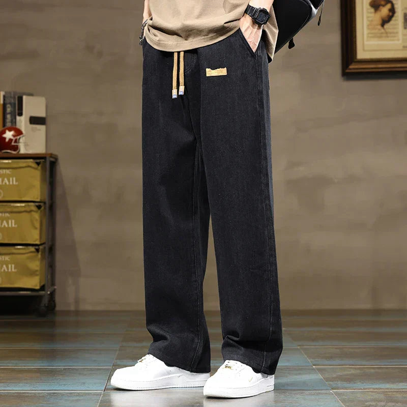 Men's Wide Leg Drawstring Jeans With Elastic Waist Straight Hem