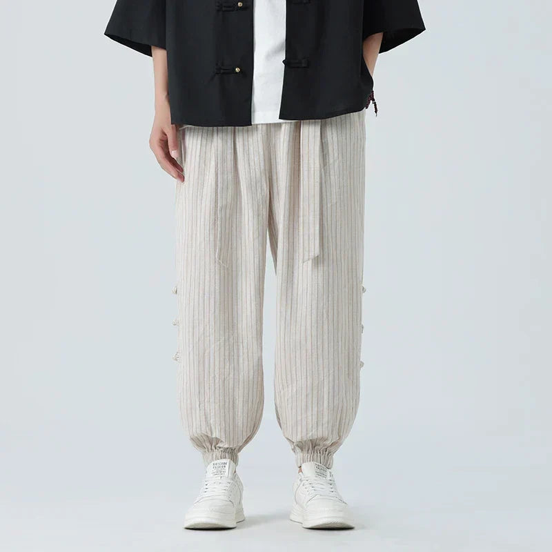 Atlas Men Linen Vertical Stripe Trousers With Side Toggle Cuffs