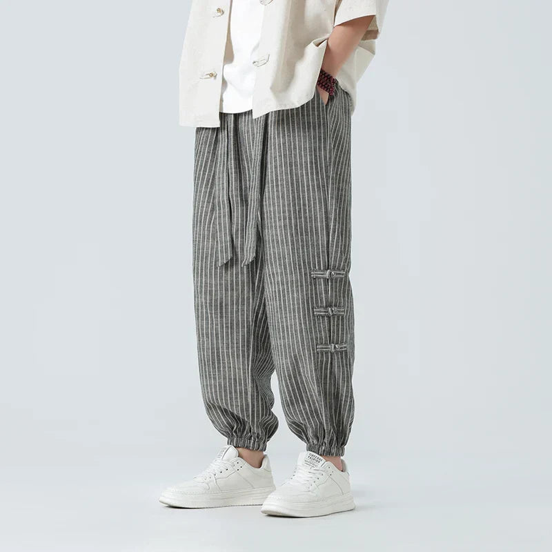Atlas Men Linen Vertical Stripe Trousers With Side Toggle Cuffs