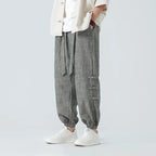 Atlas Men Linen Vertical Stripe Trousers With Side Toggle Cuffs