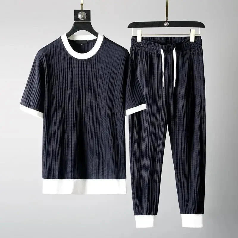 Mens Ribbed Two Piece Set Relaxed Fit Short Sleeve Top And Joggers