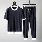 Mens Ribbed Two Piece Set Relaxed Fit Short Sleeve Top And Joggers