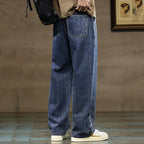 Men's Wide Leg Drawstring Jeans With Elastic Waist Straight Hem