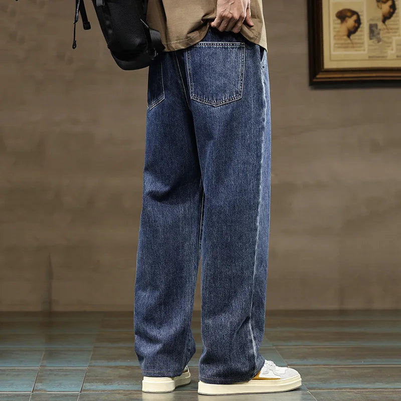 Men's Wide Leg Drawstring Jeans With Elastic Waist Straight Hem