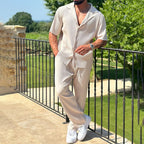 Men's Pleated Camp Collar Short Sleeve Shirt With Straight Leg Trousers Set