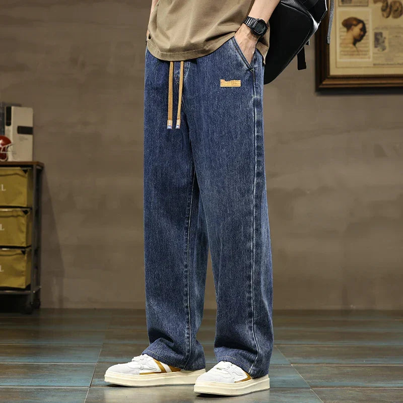 Men's Wide Leg Drawstring Jeans With Elastic Waist Straight Hem