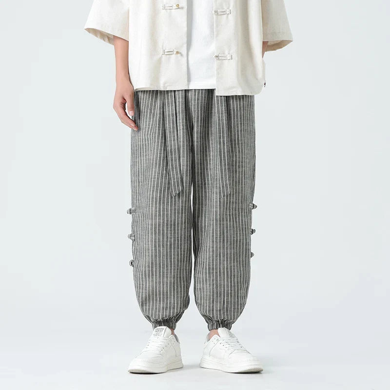 Atlas Men Linen Vertical Stripe Trousers With Side Toggle Cuffs