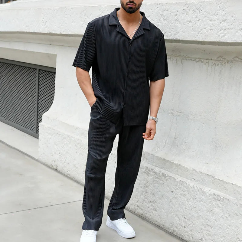 Men's Pleated Camp Collar Short Sleeve Shirt With Straight Leg Trousers Set