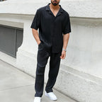 Men's Pleated Camp Collar Short Sleeve Shirt With Straight Leg Trousers Set