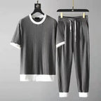Mens Ribbed Two Piece Set Relaxed Fit Short Sleeve Top And Joggers