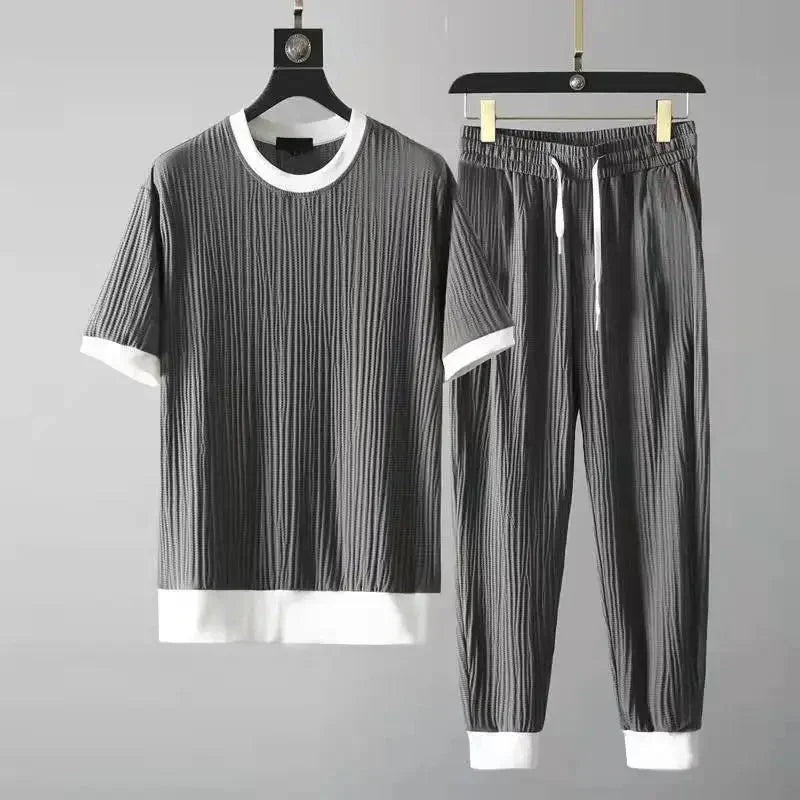 Mens Ribbed Two Piece Set Relaxed Fit Short Sleeve Top And Joggers