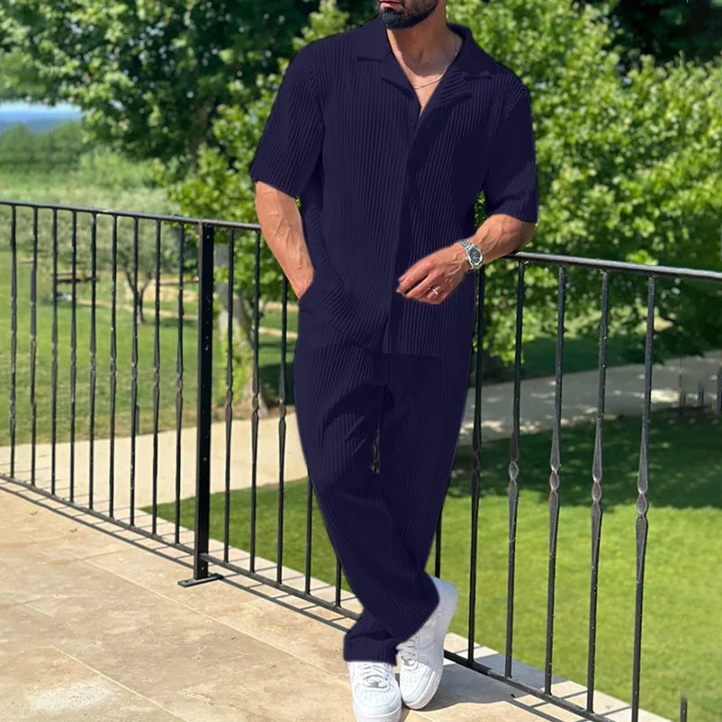 Men's Pleated Camp Collar Short Sleeve Shirt With Straight Leg Trousers Set