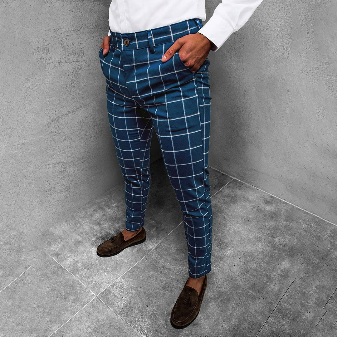 Men's Windowpane Plaid Slim Tapered Chino Trousers With Zip Fly