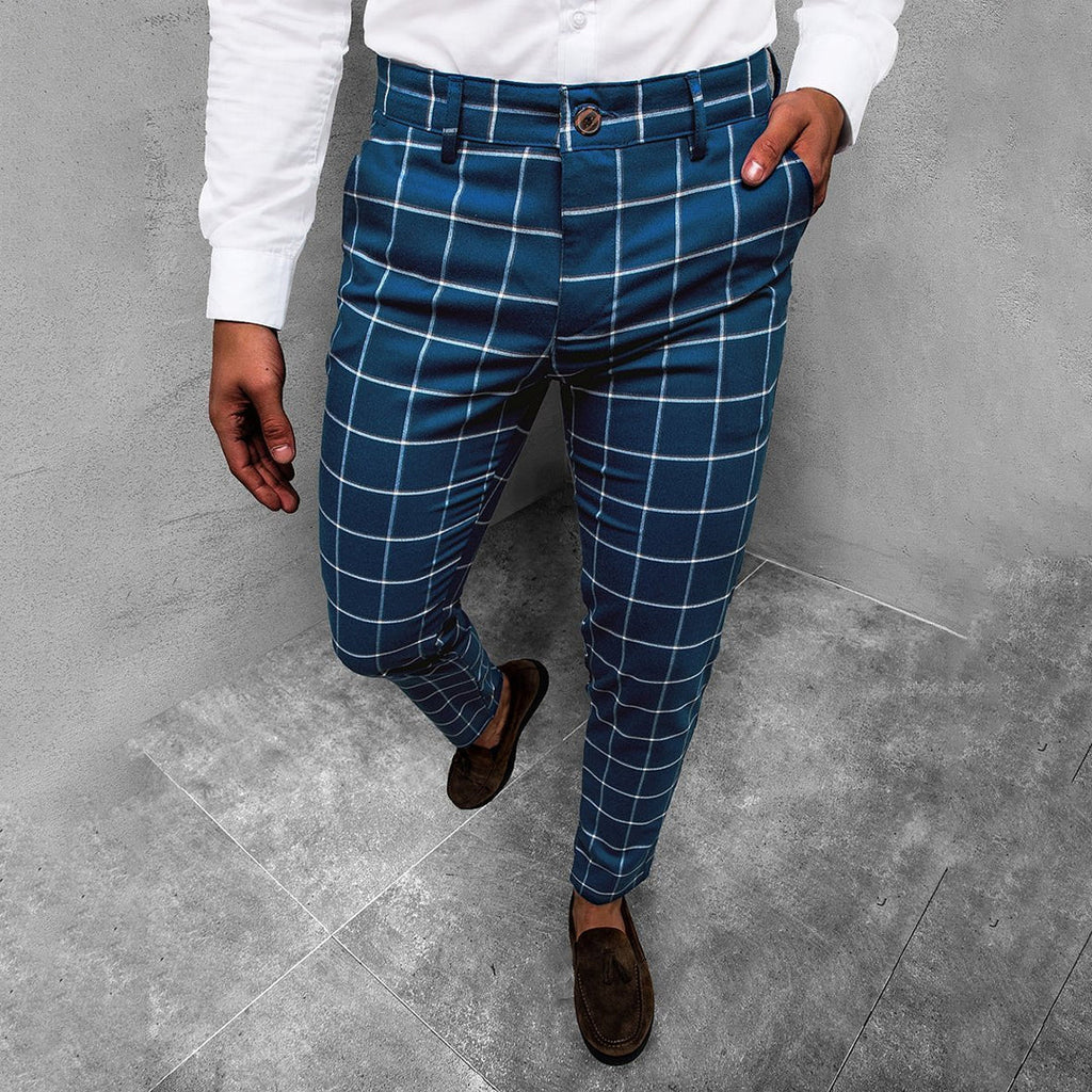Men's Windowpane Plaid Slim Tapered Chino Trousers With Zip Fly
