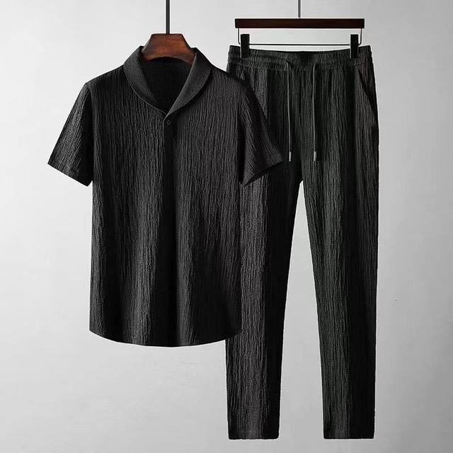 Men's Textured Crinkle Short Sleeve Shirt With Drawstring Trousers