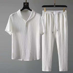 Men's Textured Crinkle Short Sleeve Shirt With Drawstring Trousers