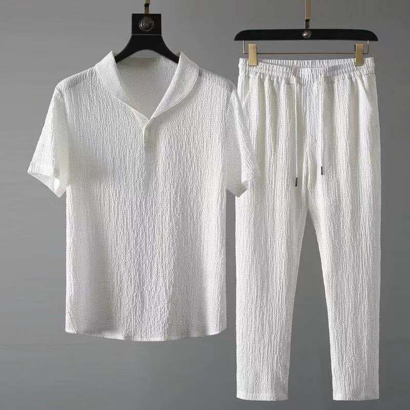 Men's Textured Crinkle Short Sleeve Shirt With Drawstring Trousers