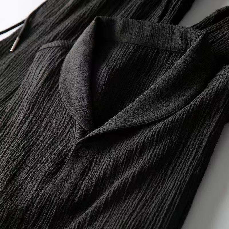 Men's Textured Crinkle Short Sleeve Shirt With Drawstring Trousers