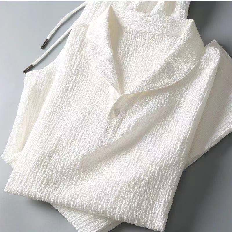 Men's Textured Crinkle Short Sleeve Shirt With Drawstring Trousers