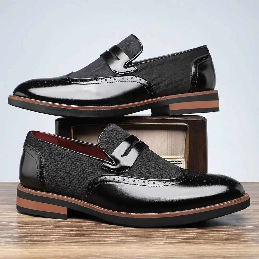Men's Mixed Material Brogue Penny Loafers With Metal Vamp Strap