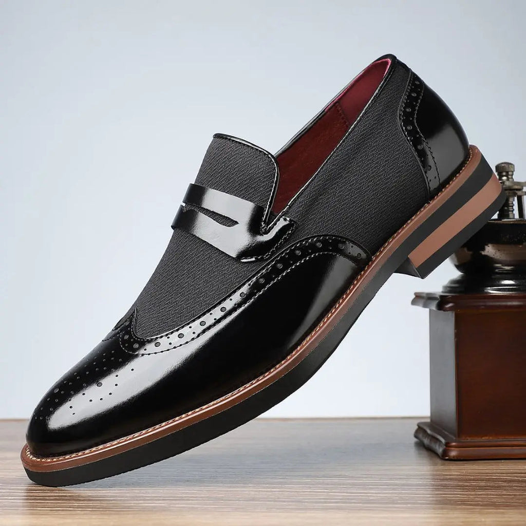 Men's Mixed Material Brogue Penny Loafers With Metal Vamp Strap