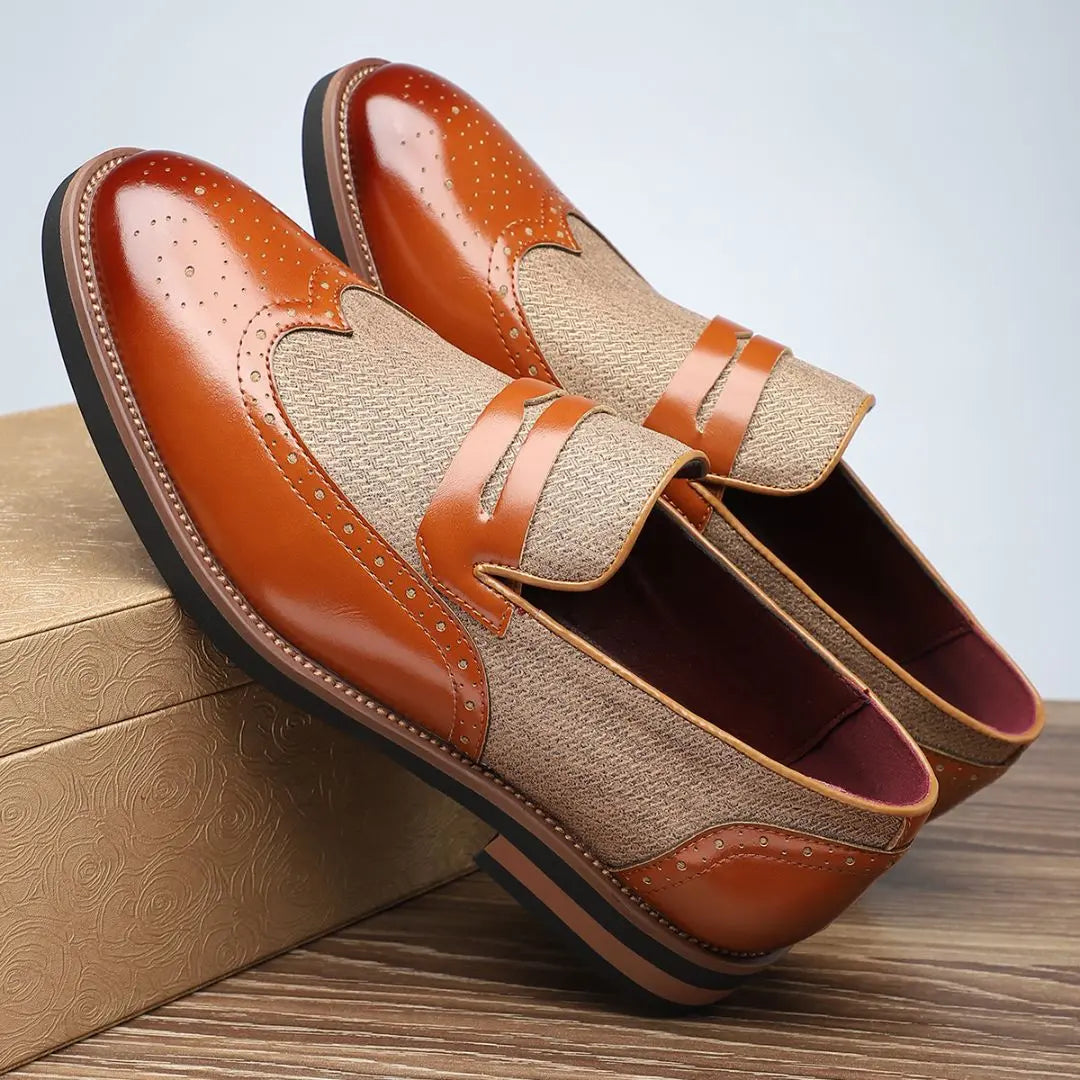 Men's Mixed Material Brogue Penny Loafers With Metal Vamp Strap