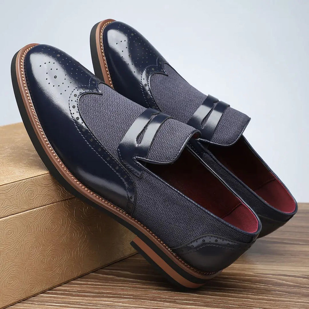 Men's Mixed Material Brogue Penny Loafers With Metal Vamp Strap