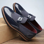 Men's Mixed Material Brogue Penny Loafers With Metal Vamp Strap