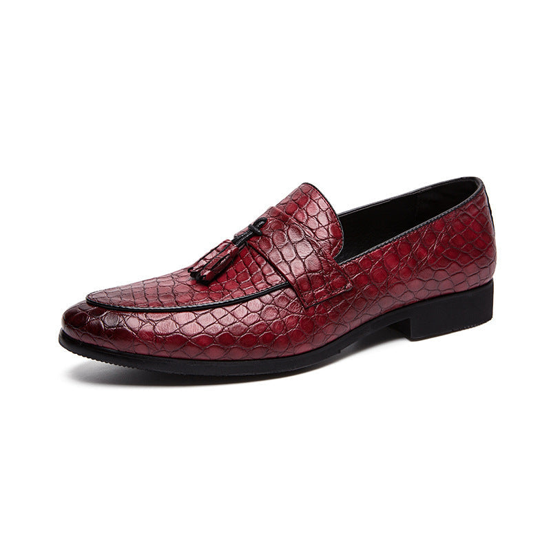 Men's Croc Embossed Woven Tassel Loafers Classic Slip On Casual Shoes Dark Brown