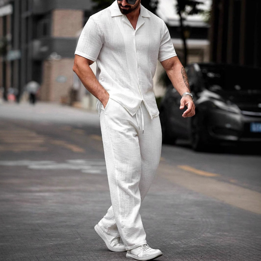 Men's Camp Collar Short Sleeve Shirt And Straight Leg Drawstring Trousers
