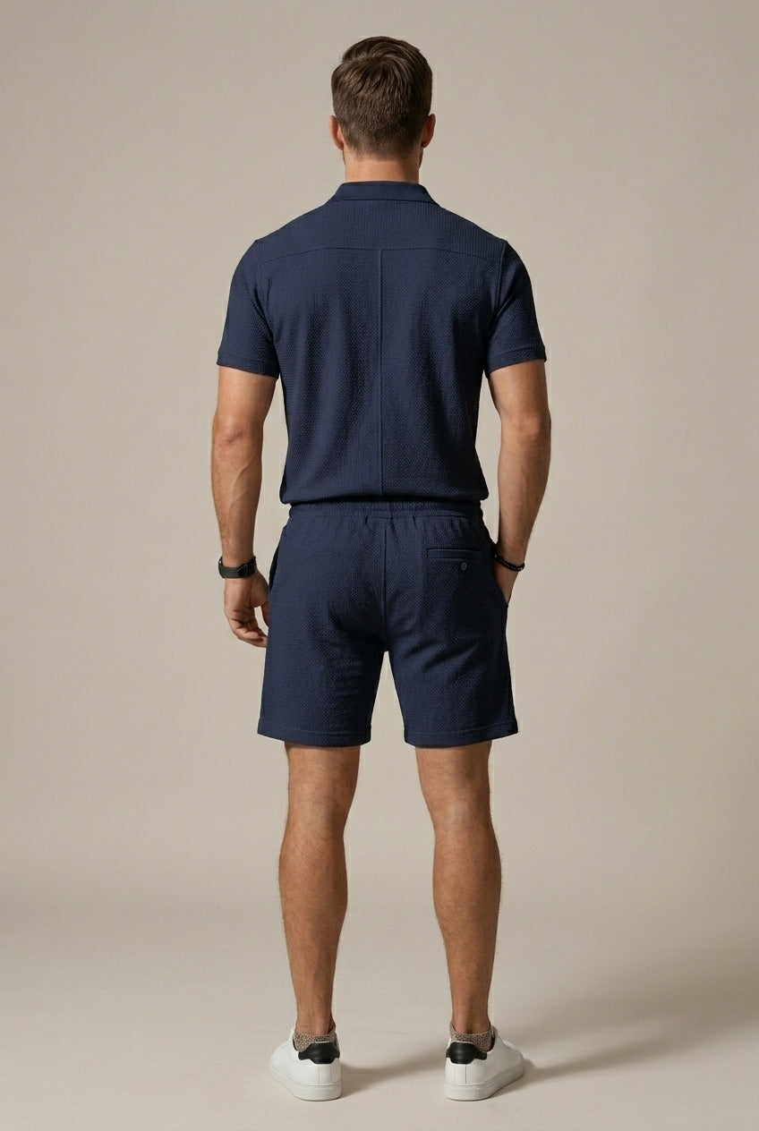 Classic Mens Textured Short Sleeve Polo And Drawstring Shorts Set