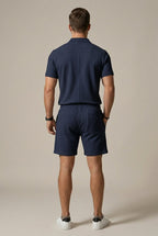 Classic Mens Textured Short Sleeve Polo And Drawstring Shorts Set