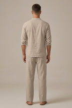 Men's Linen Blend Two Piece Set With Lace Up V Neck Casual Shirt