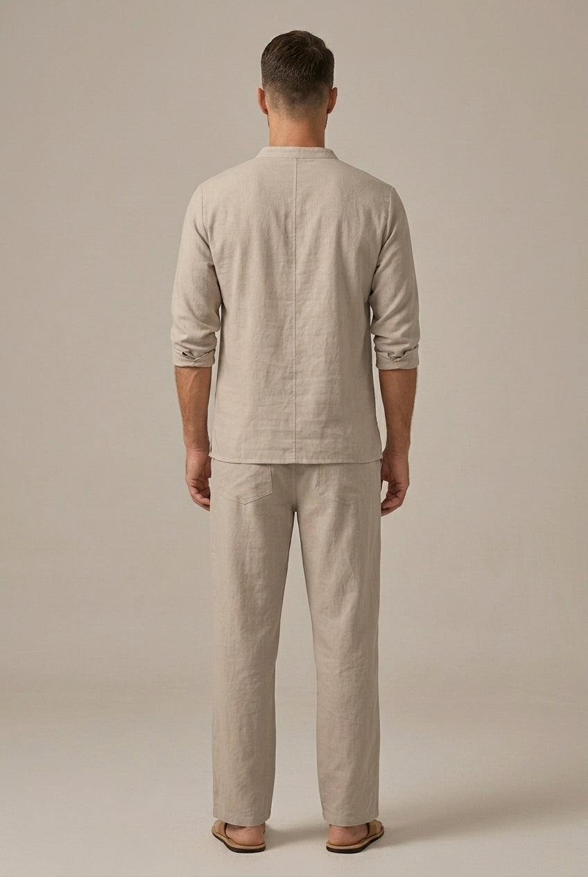 Men's Linen Blend Two Piece Set With Lace Up V Neck Casual Shirt