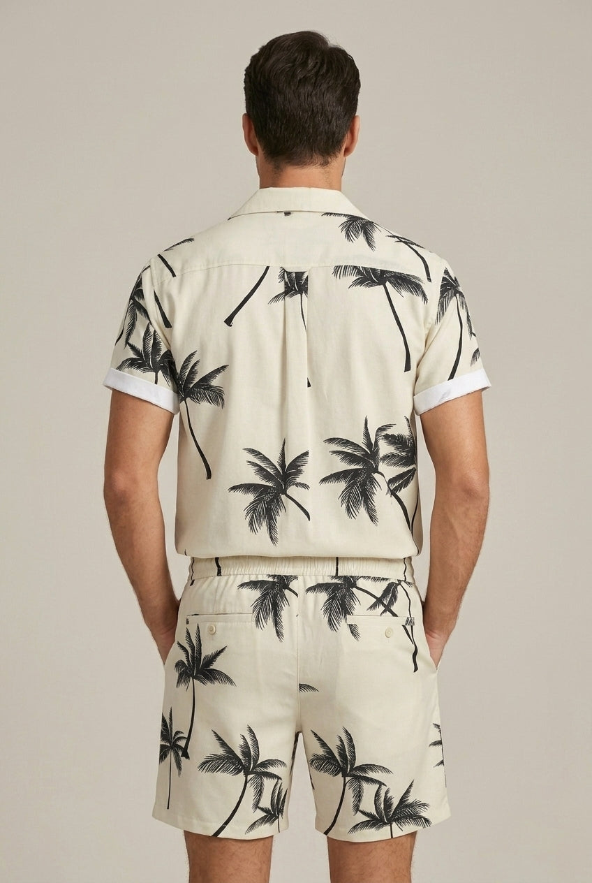 Men Palm Print Short Sleeve Shirt With Drawstring Shorts Summer Set