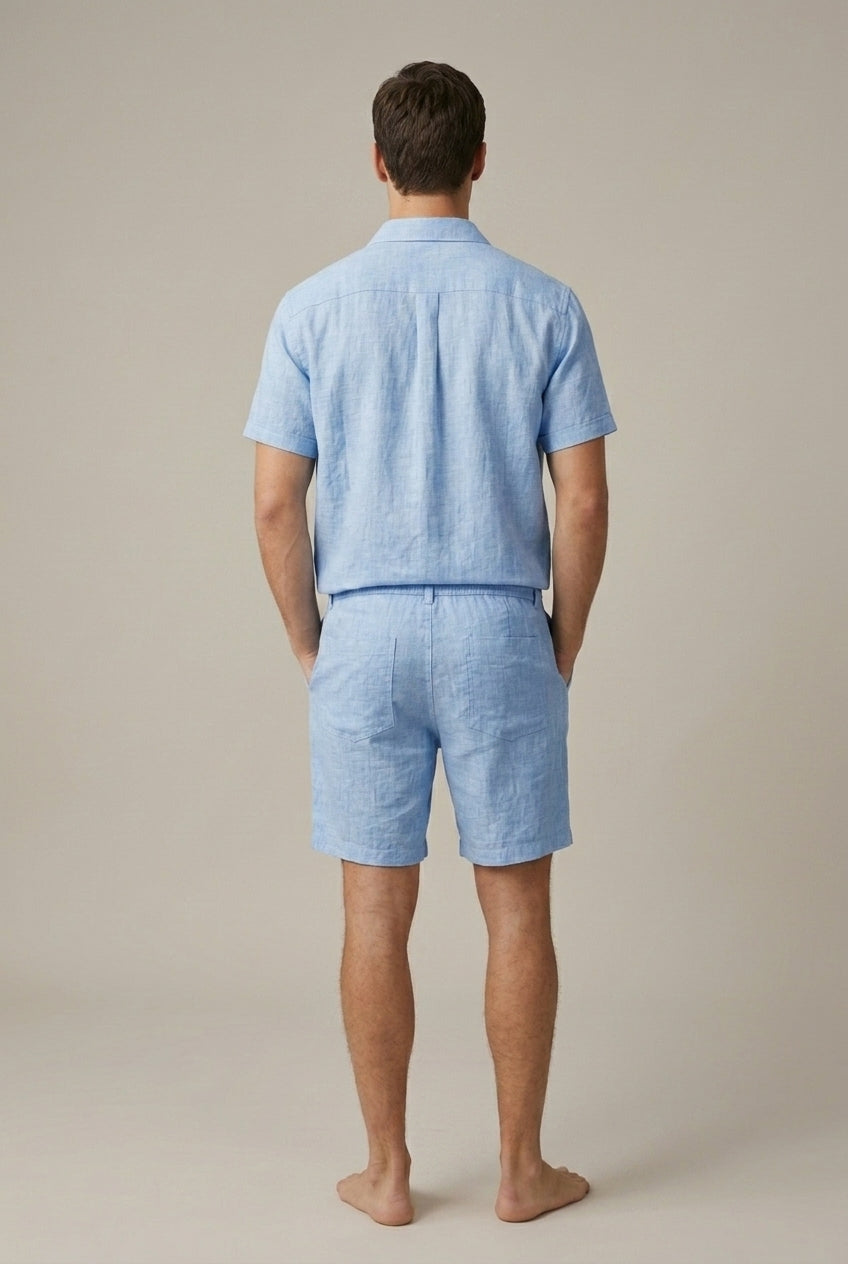 Classic Men's Linen Blend Short Sleeve Shirt With Drawstring Shorts Two Piece Casual Set