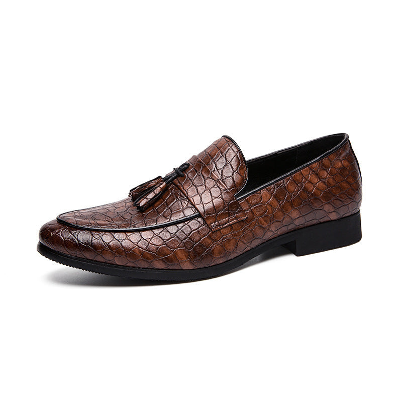 Men's Croc Embossed Woven Tassel Loafers Classic Slip On Casual Shoes Dark Brown