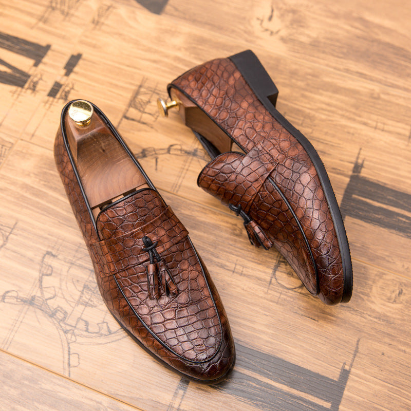 Men's Croc Embossed Woven Tassel Loafers Classic Slip On Casual Shoes Dark Brown
