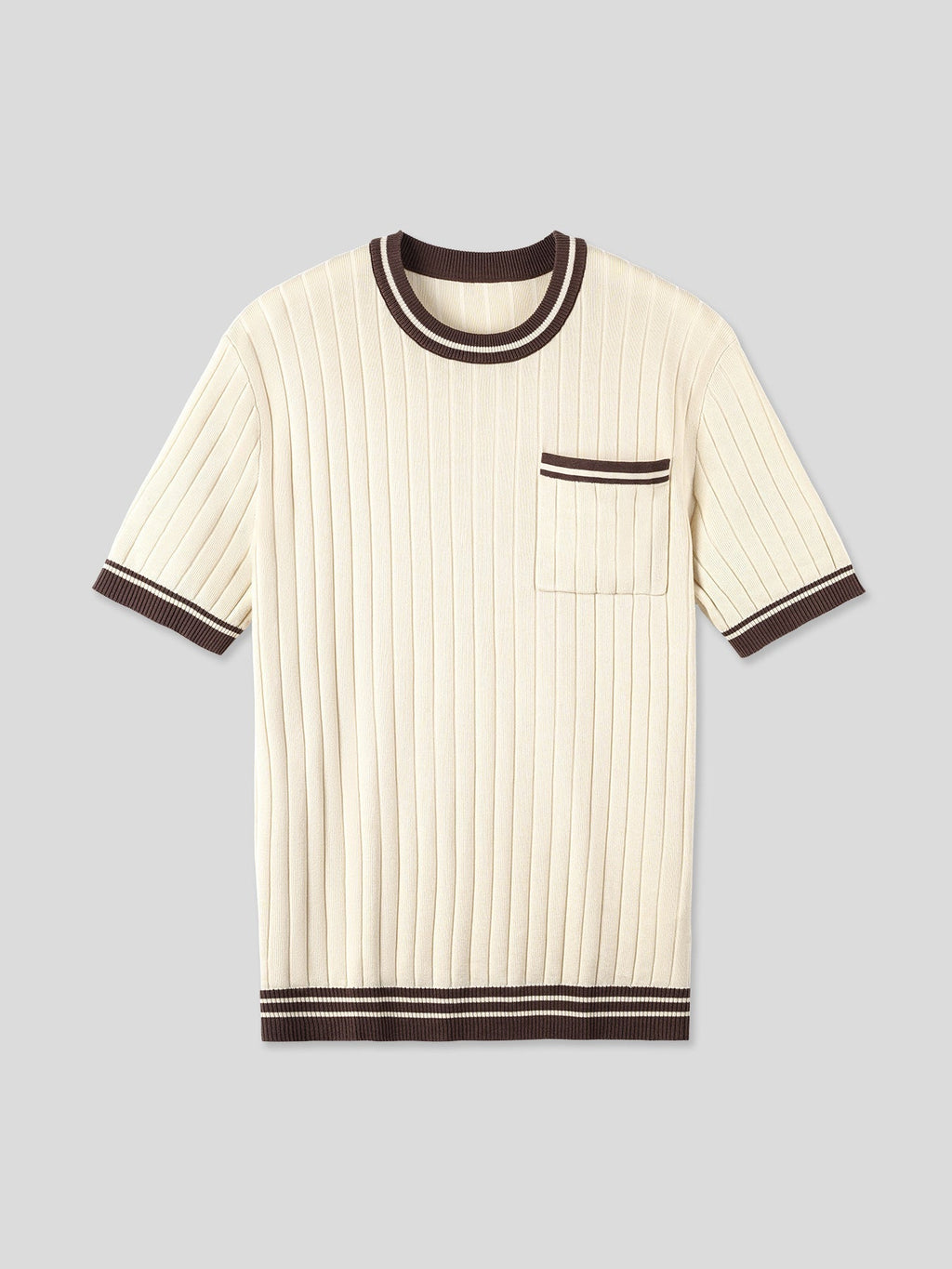 Mens Knit Crew Neck Top With Contrast Striped Trim And Chest Pocket