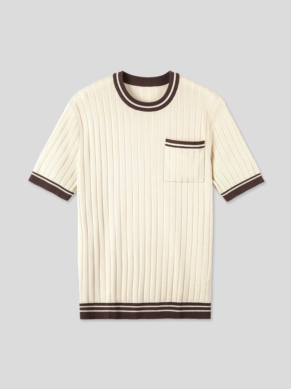 Mens Knit Crew Neck Top With Contrast Striped Trim And Chest Pocket