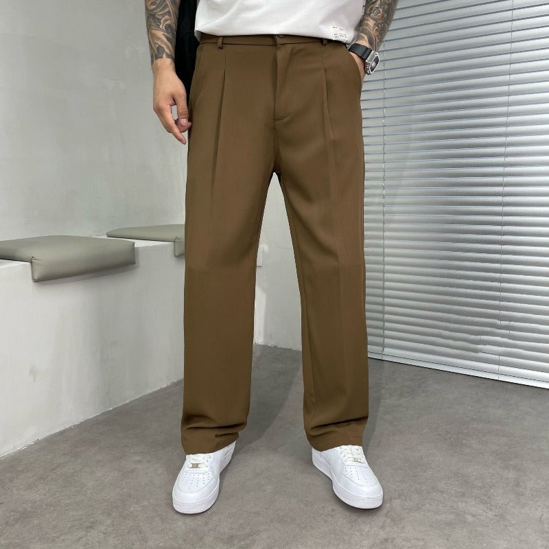 Men's Tailored Wide Leg Dress Trousers With Double Pleats And Belt Loops
