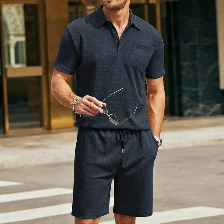 Men's Textured Polo Shirt With Matching Drawstring Shorts Set