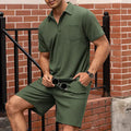 Men's Textured Polo Shirt With Matching Drawstring Shorts Set