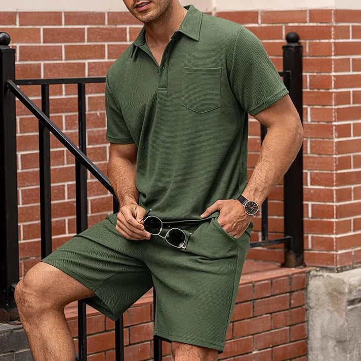 Men's Textured Polo Shirt With Matching Drawstring Shorts Set